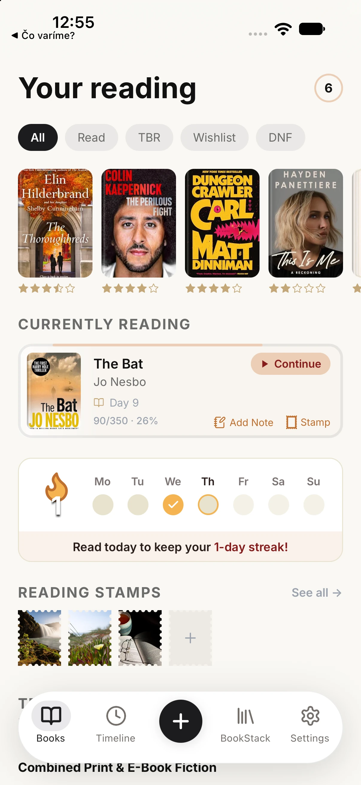 BookStack library screen with currently reading progress